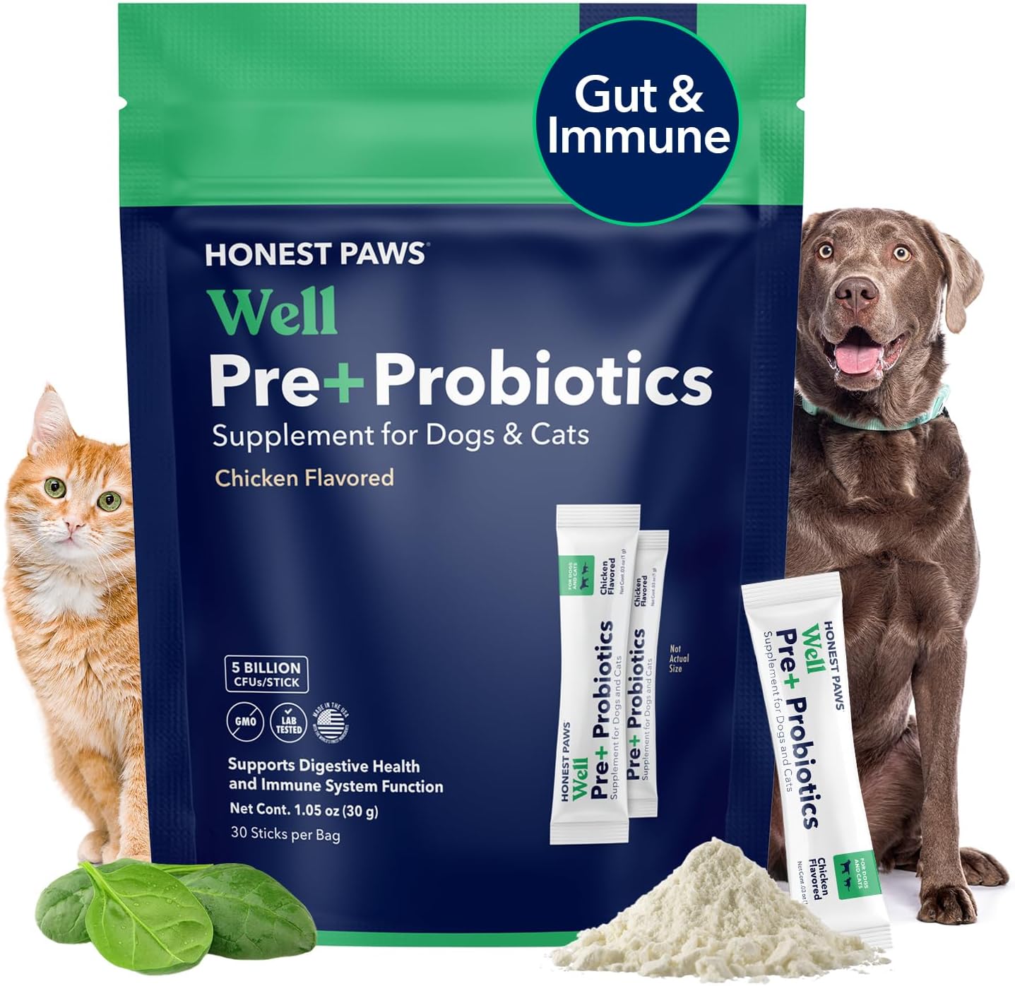 Honest Paws Probiotics for Dogs - Digestive & Immune Support Powder with Prebiotic Made in The USA, Chicken Flavor (30 Sticks)