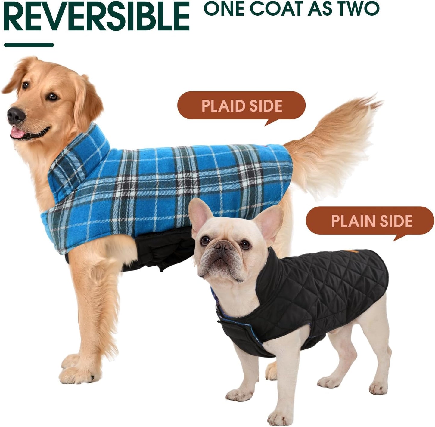 Kuoser Waterproof Dog Coat, Reversible Dog Jacket for Large Dogs, Adjustable Durable Doggie Winter Coat for Groowing Puppies Warm Puppy Cold Weather Apparel, Blue L