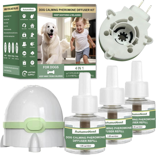 Dog Calming Pheromone Diffuser for Dogs, Plug-in + 3 Refills Kit, Supports Relaxed Behavior, Helps Ease Stress, Anxiety, Barking, Fear During Loud Events, Separation, Travel, 90 Days Non-Toxic Care