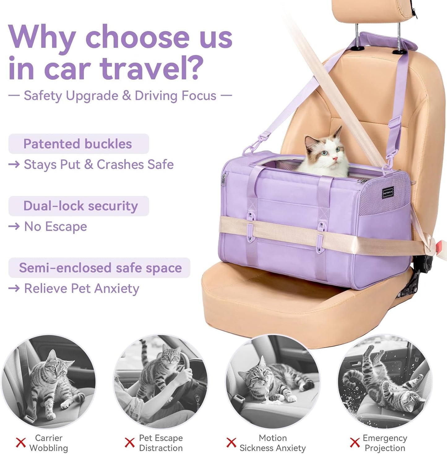 PETSFIT Soft-Sided Cat Carriers & Car Seats with Patent Safe Buckles, Clip-On Harness, 18"x11"x11" Airline Approved Pet Carrier - 9 lbs Capacity (Purple)