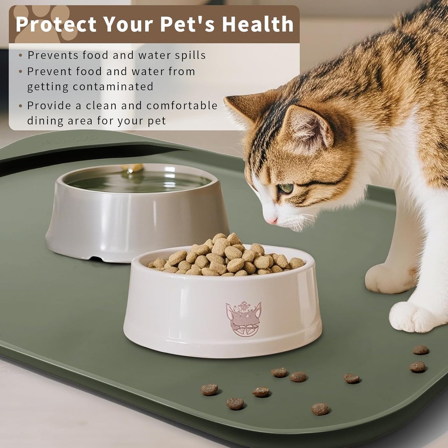Silicone Pet Feeding Mat with Raised Edge & Residue Collection Pocket for Food and Water, Dog Bowl Mats, Cat Bowls Placemat with High Lip for Floor Waterproof, 19 x 12 x 0.7 Light Olive Green