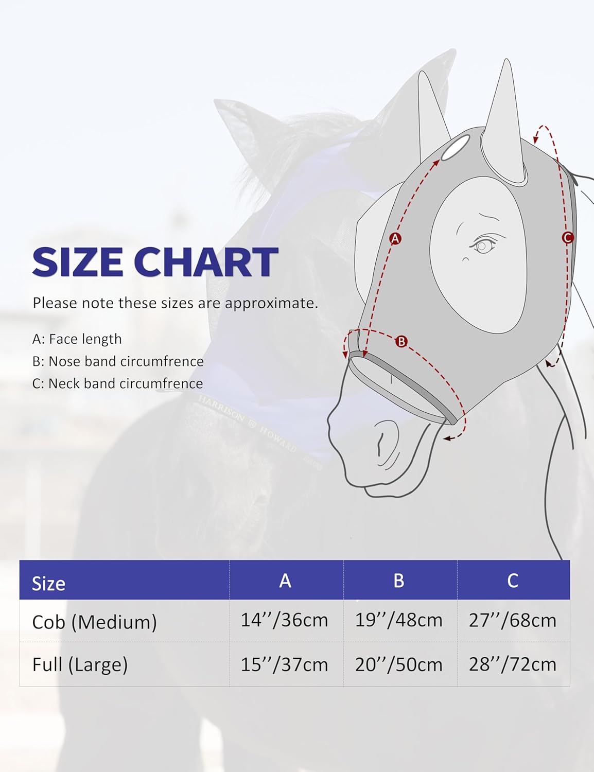 Harrison Howard Horse Fly Mask with Forelock Opening Stretch Breathable and Comfortable for Horses UV -Protection Navy M