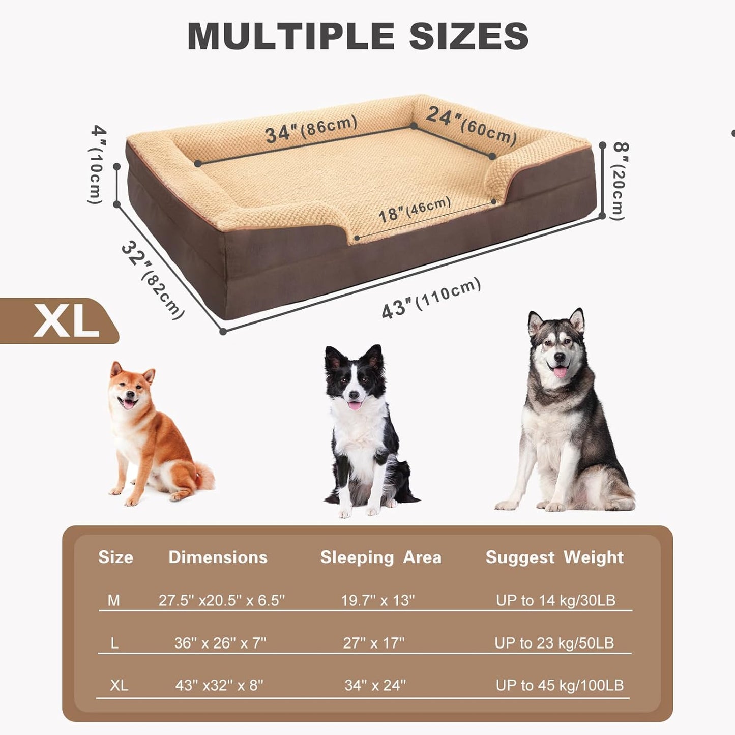 JOYELF Orthopedic Dog Bed for Large Dogs, Waterproof & Washable Cover, Nonskid, Coffee