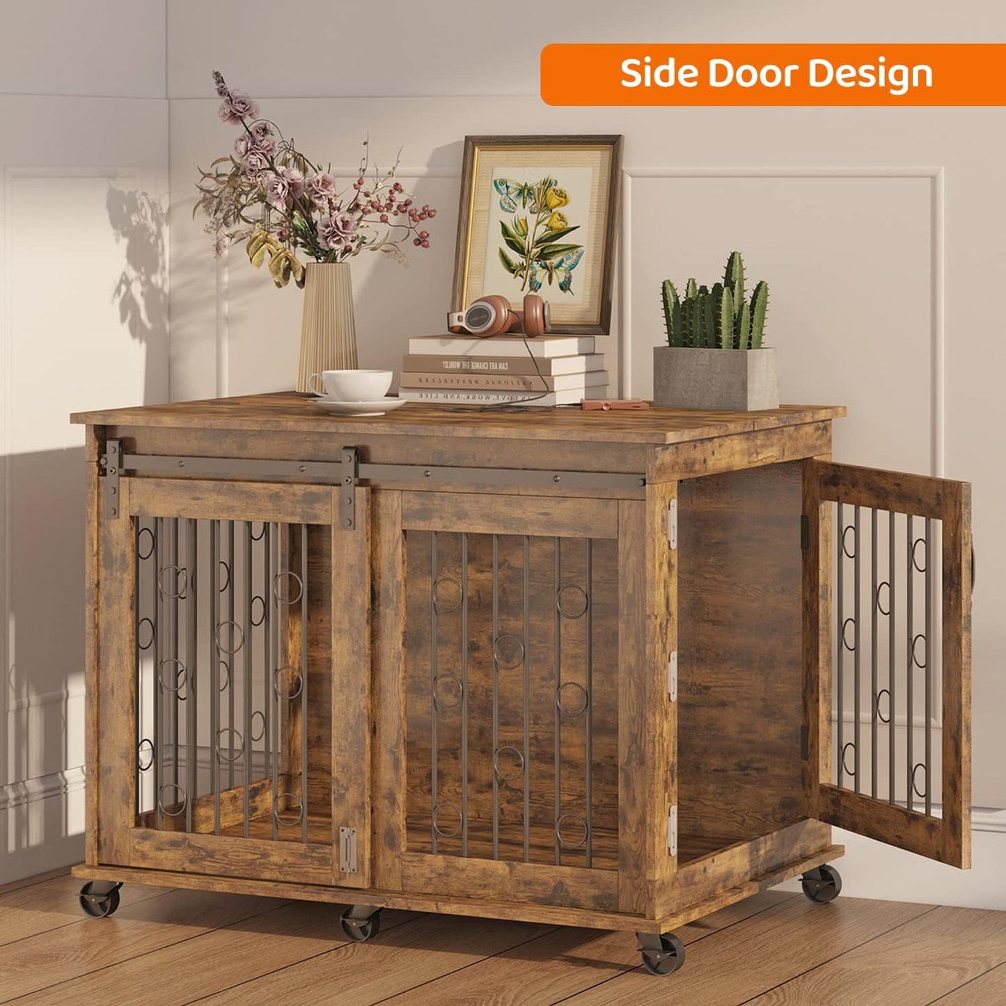 IchbinGo Large Dog Crate Furniture with Sliding Barn Door, 43.7" Wooden Dog Kennel End Table with Wheels and Flip-top Plate Dog House with Detachable Divider for Small/Medium/Large Dog (Rustic Brown)