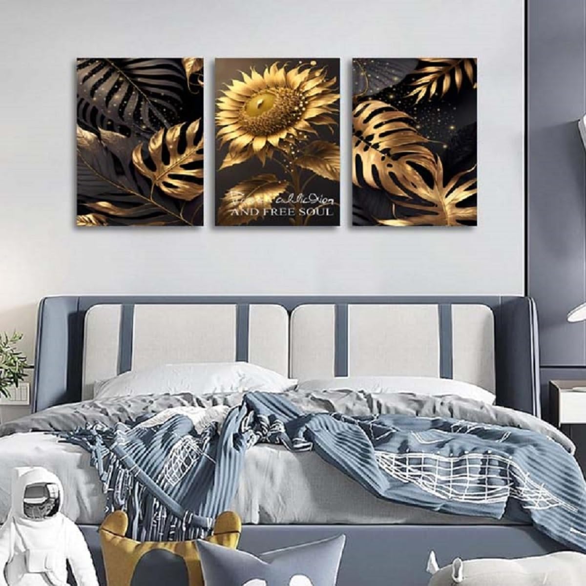 Yxbhhym Bathroom Wall Art Décor Black and Gold Leaf Poster Art Prints Sunflower Canvas Wall Art Paintings Flower Wall Pictures for living room Hallway Décor office Bedroom Decorations