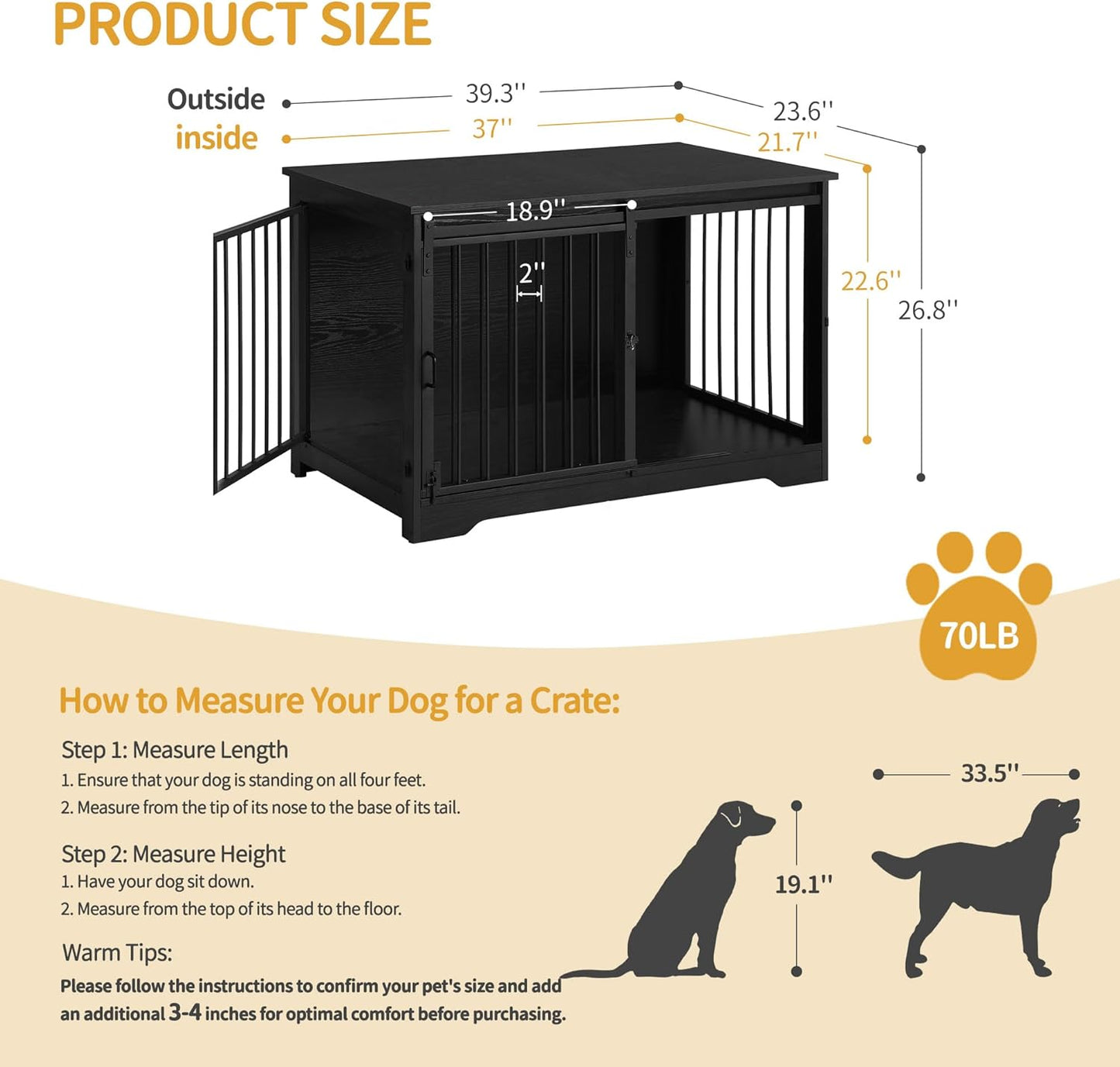 39.3" Dog Crate Furniture with Barn Door, Heavy Duty Dog Kennel Indoor with 2 Doors, Wooden Pet Cage End Table for Large Small Medium Dogs, Anti-Chew Anti-Escape, Black DFC02304B