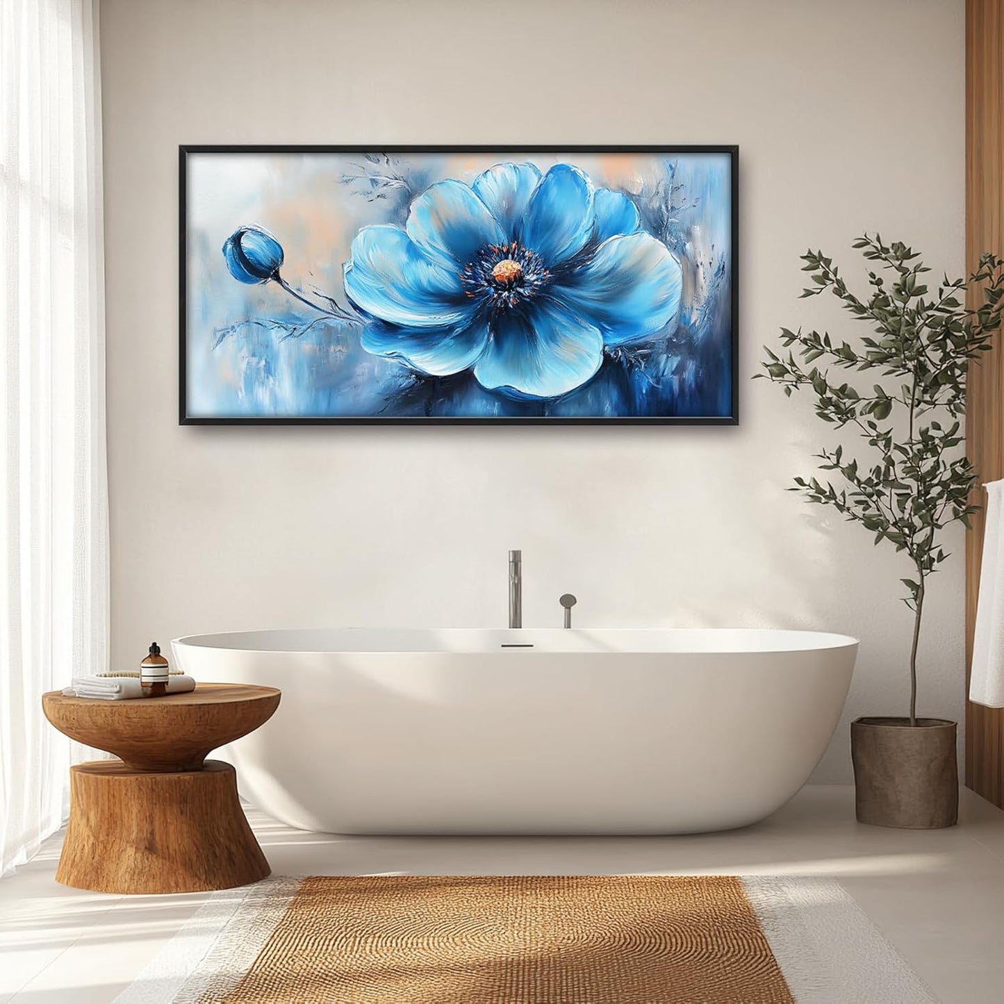 Extra Large Abstract Blue Flower Framed Wall Art for Living Room,Oversized Elegant Floral Pictures Wall Decor,Canvas Print Painting Modern Artwork Bedroom Office Bathroom 60L" x 30W"