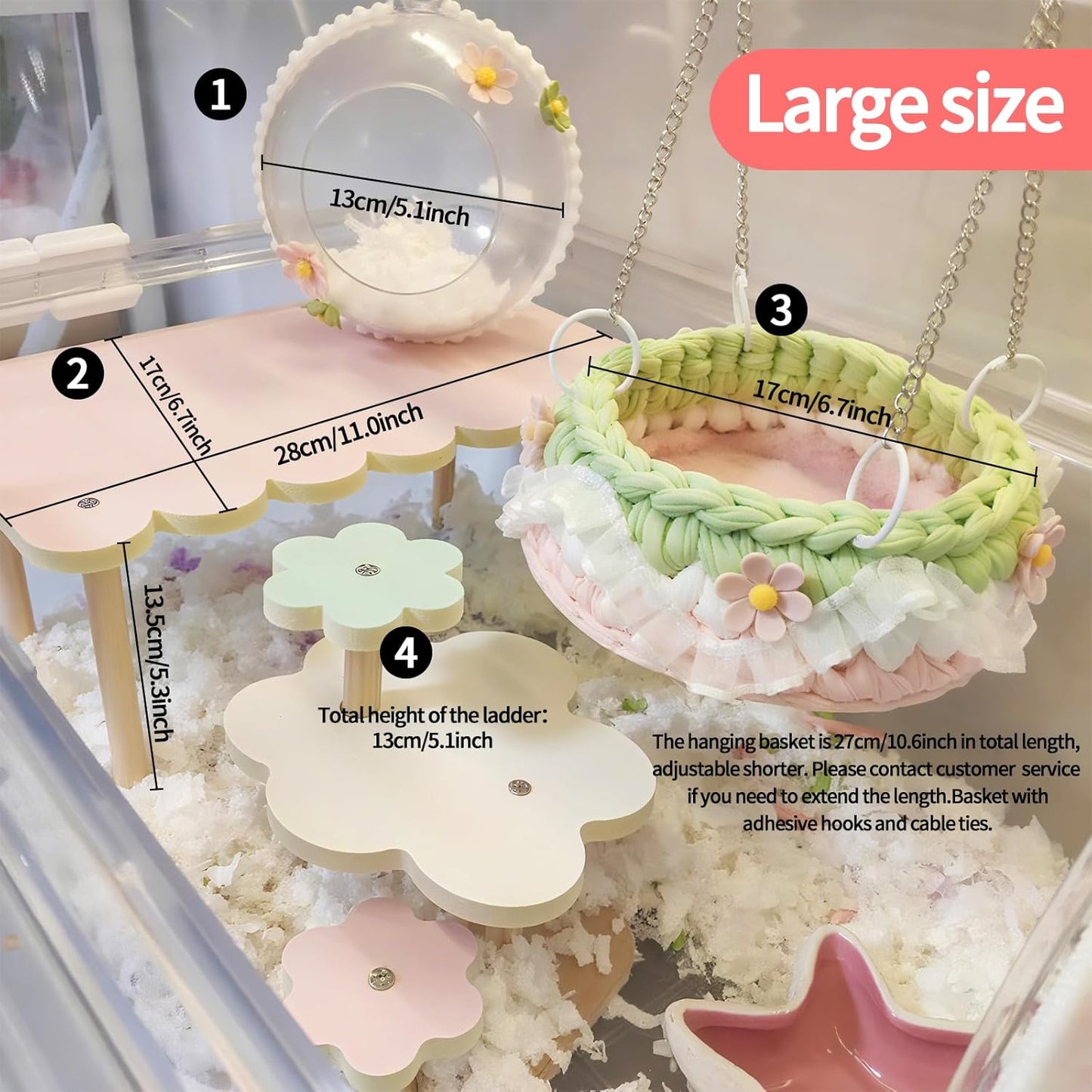 4-Pack Wooden Rat Cage Accessories - Platforms, Ladders & Hammocks Set for Chinchillas, Hamsters, Gerbils (for Iron/Wooden, Acrylic Hamster Cages + Customizable Layout) (11x6.7x5.5)