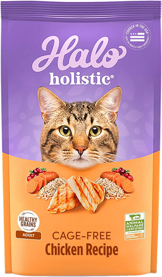 Halo Holistic Cage Free Chicken Cat Food, Healthy Grains Dry Cat Food, Complete Digestive Health, Kibble for Adult Cats, 10 lb Bag