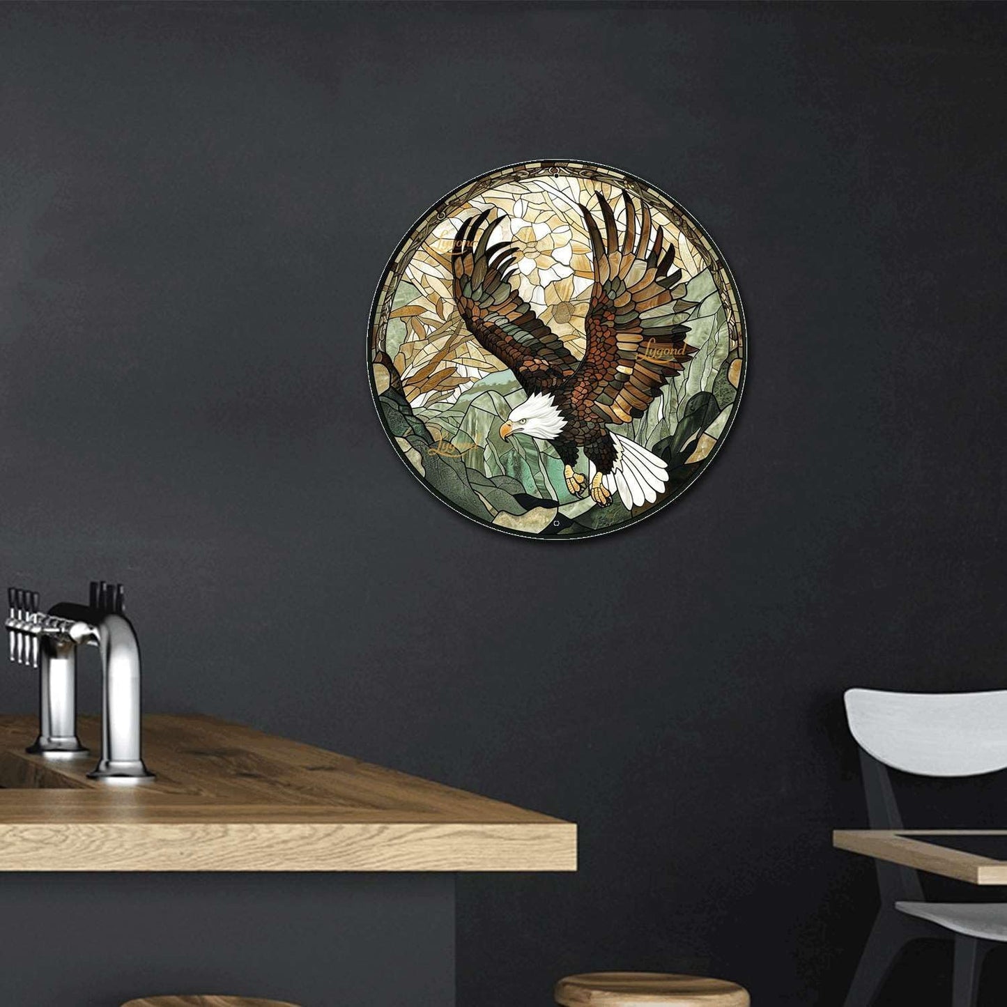 Lygond Metal Sign Tin Sign Circular Stained Glass American Bald Eagle Inspirational Wall Art for Club 8×8 Inches