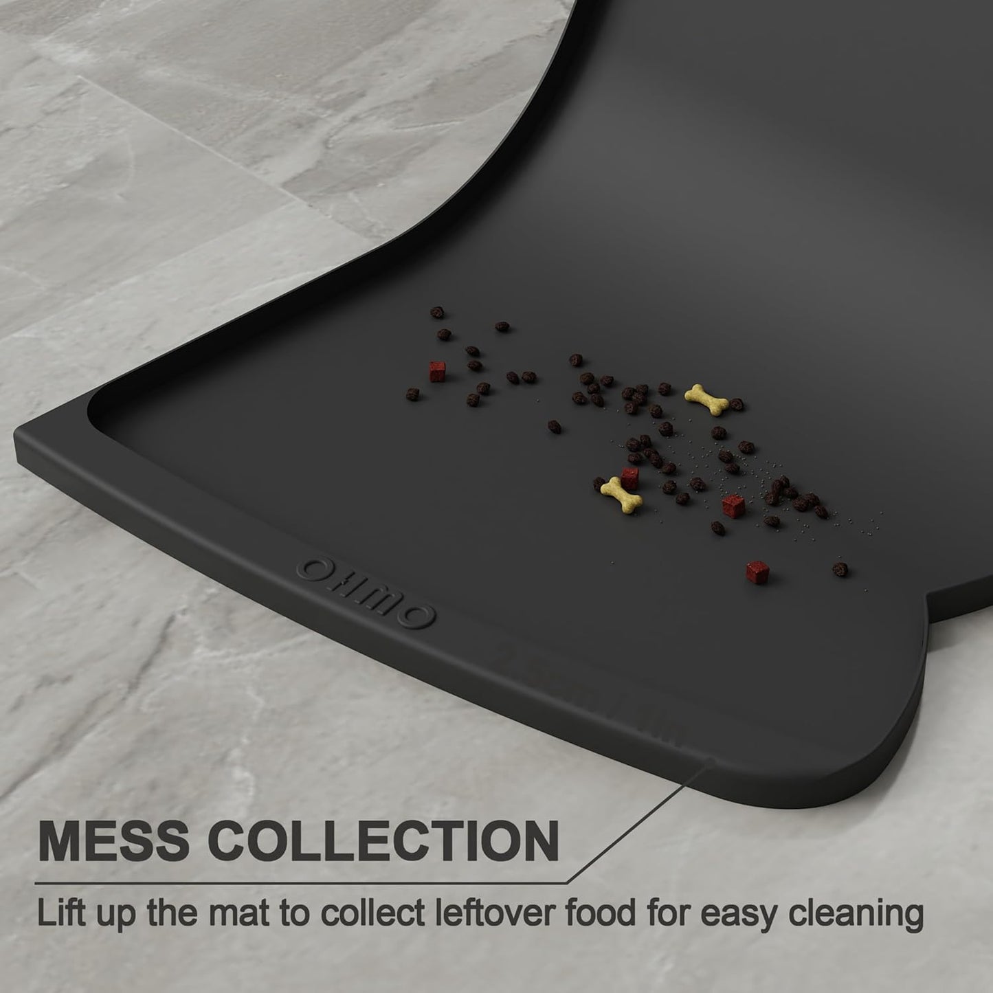 OHMO Dog Food Mat(Black, 24 * 15'') w/Residue Collection Pocket Silicone Pet Feeding Mat for Floor High Edges Anti Spills Waterproof Cat Water Bowl Tray, Easy Clean Placemat