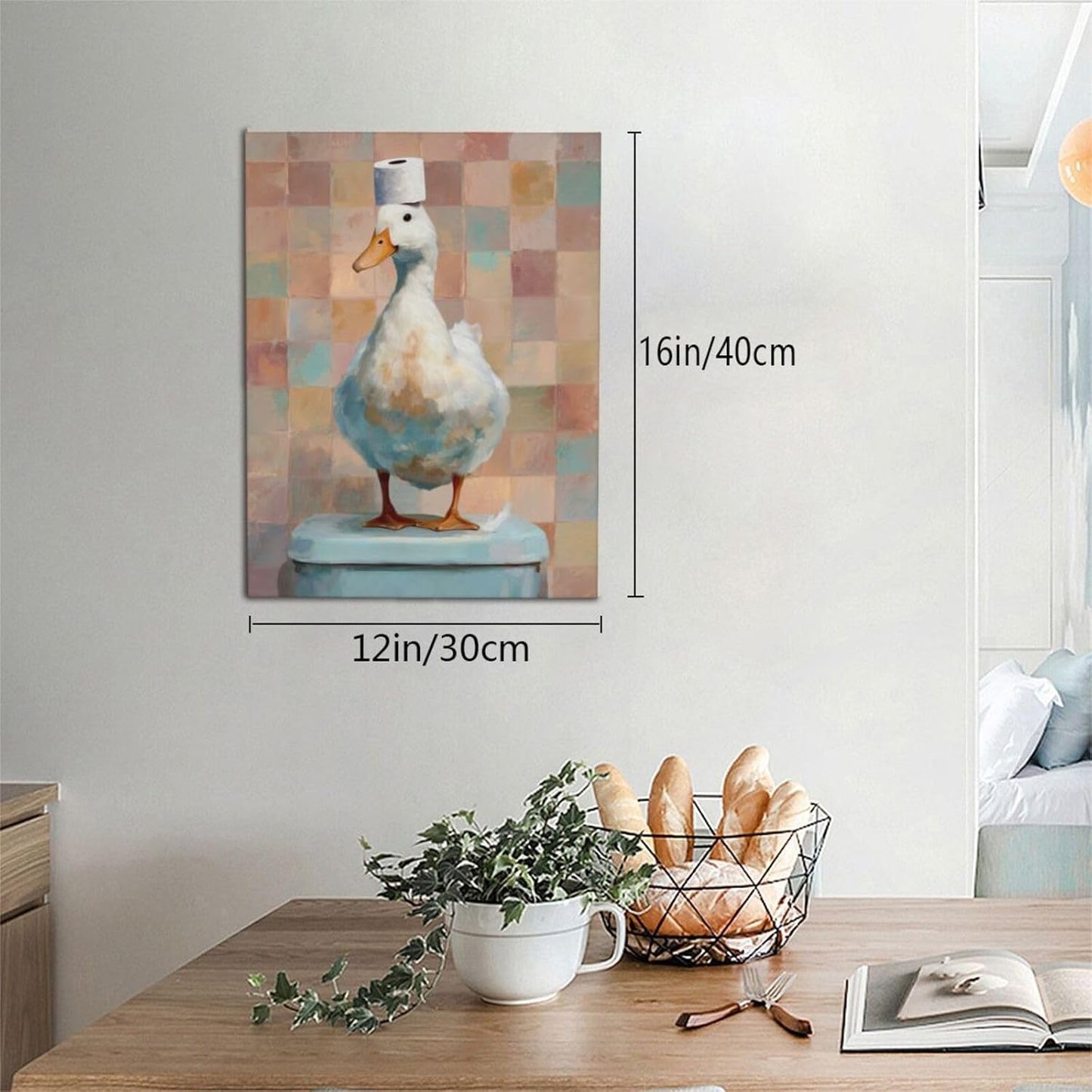 Funny Duck Bathroom Wall Art Cute Duck on Toilet Canvas Wall Decor Funny Quirky Farm Animal Pictures Painting Print Framed Artwork Decorations Gifts for Bathroom 12"x16"