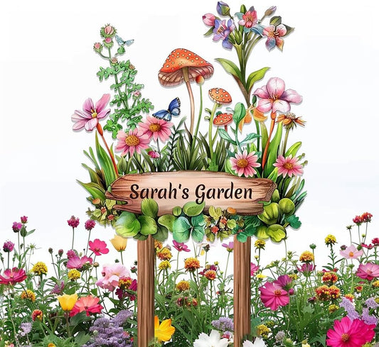 Personalized Mushroom Metal Sign with Stake,Custom Gardener Last Name Signs Outdoor Decoration,Customized Flowers Garden Accessories Decor for Grandma,Butterfly Plaques for Patio Lawn Porch Backyard