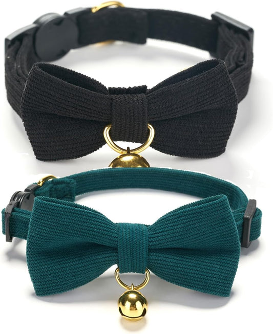 2 Pack Soft Corduroy Cat Collars with Bow Tie & Bell, Adjustable Breakaway Cotton Kitty Bowtie Collar for Boy Male Cats(Black & Green)