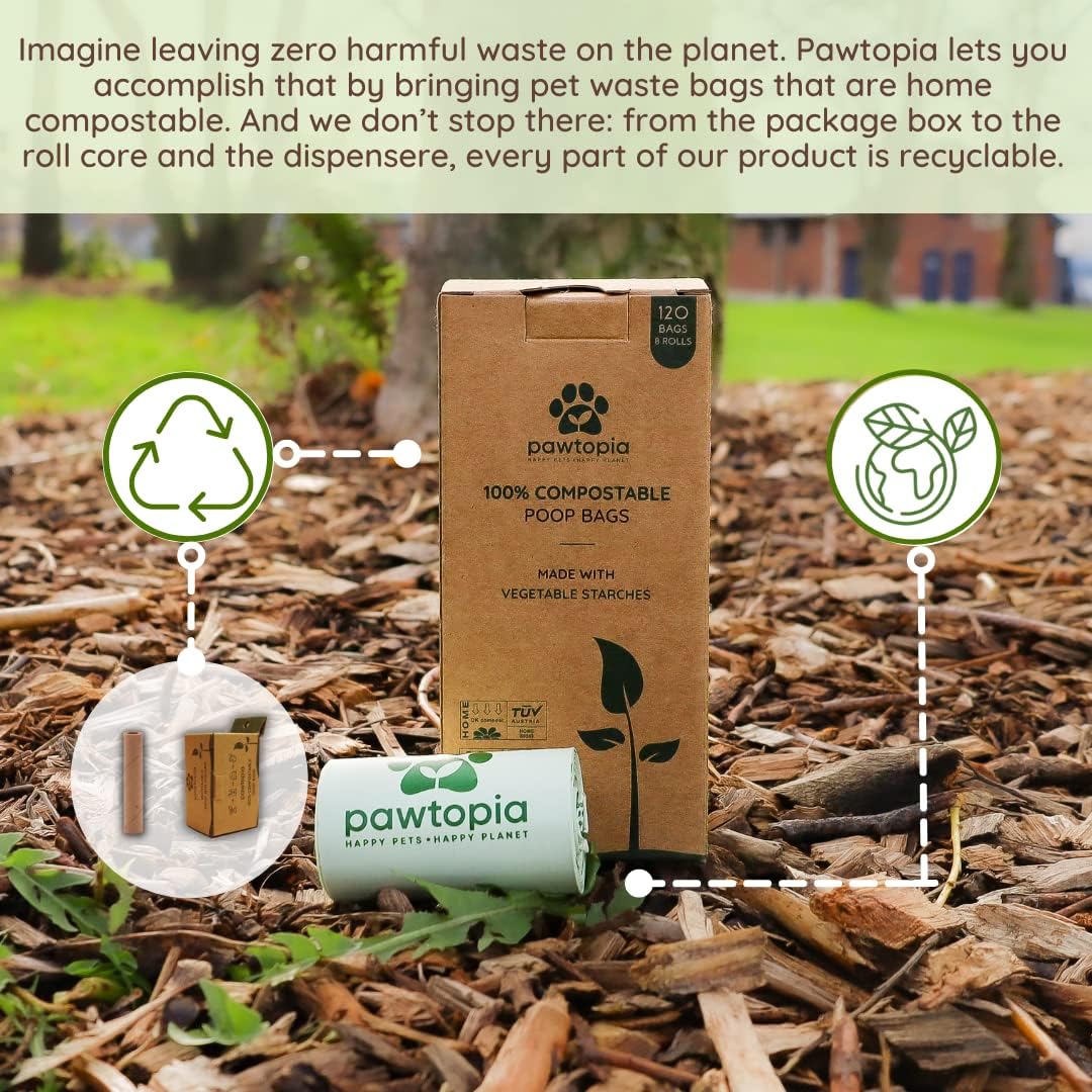 Pawtria Certified Home Compostable Dog Poop Bags (120) + Paper Dispenser, Biodegradable Poop Bags, Cat Litter, Vegetable Starches, Leak proof Dog Waste Bags, Easy to Open, Extra Thick