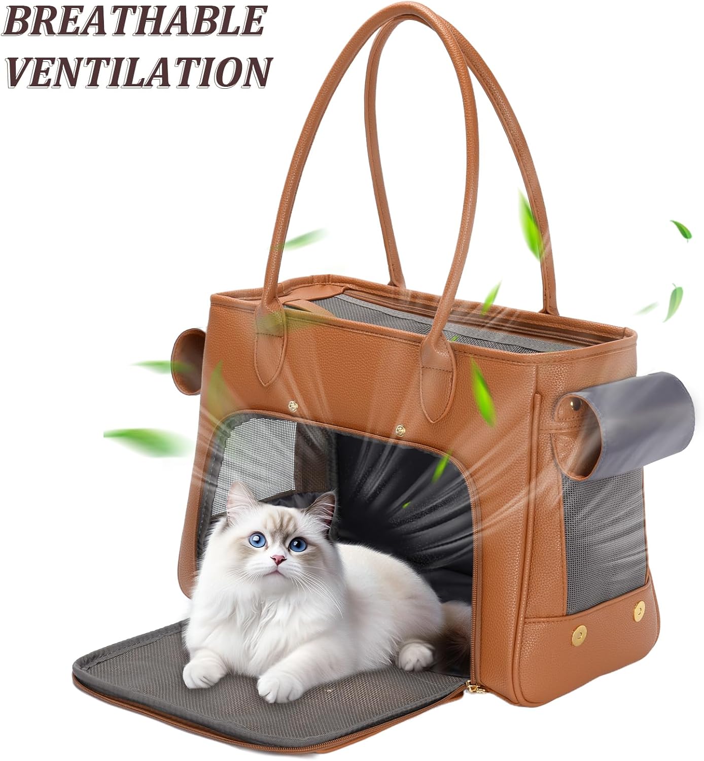 Fashion Pet Carrier Purse for Small Cat and Dog, Luxury Pu Soft-Sided Tote Bag with Large Pockets for Dogs and Puppies (Brown, 15.8" L x 7.5" W x 11.8" H)