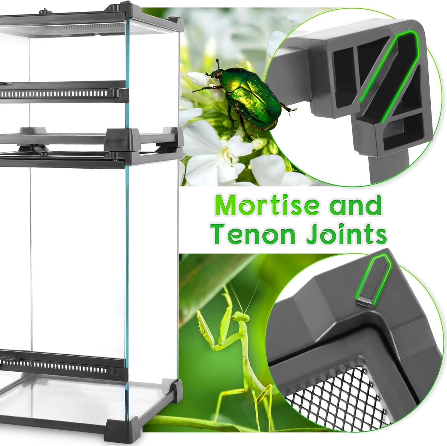 Mini Reptile Glass Terrarium 8"x8"x12" Durable Reptile Habitat Tank with Heat Resistant Aluminum Alloy Frame, Single Swinging Doors for no Jam by Sand and Other Debris