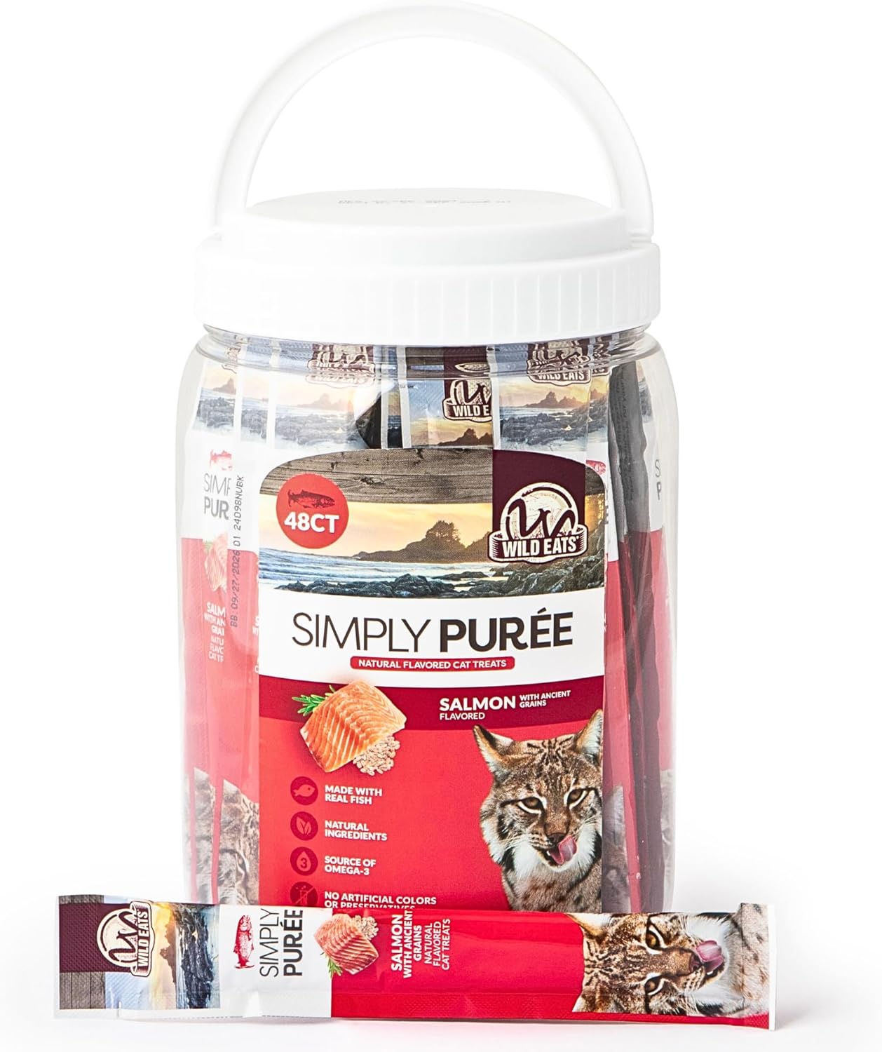 Simply Puree Salmon with Ancient Grains Tub for Cats | 48 Individual Servings | High-Protein, Grain-Enriched Cat Treat | All-Natural, No Artificial Additives | Smooth and Delicious Puree