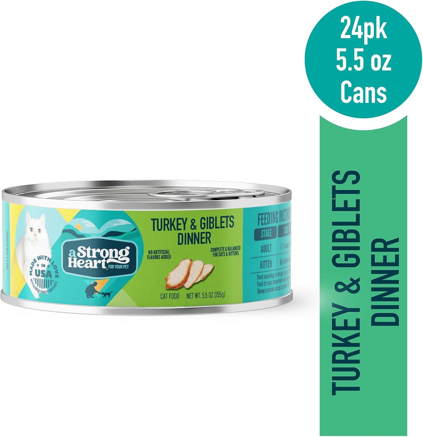 A Strong Heart Canned Wet Cat Food, Turkey & Giblets Dinner - 5.5 oz Cans (Pack of 24), Made in The USA with Real Turkey & Savory Giblets