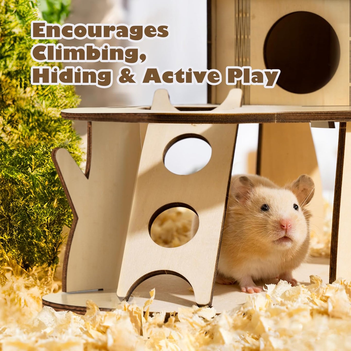 Wooden Hamster House with Ladder, 2-Tier Tree House Design Hamster Hideout Cage Accessories for Dwarf Gerbil Mouse