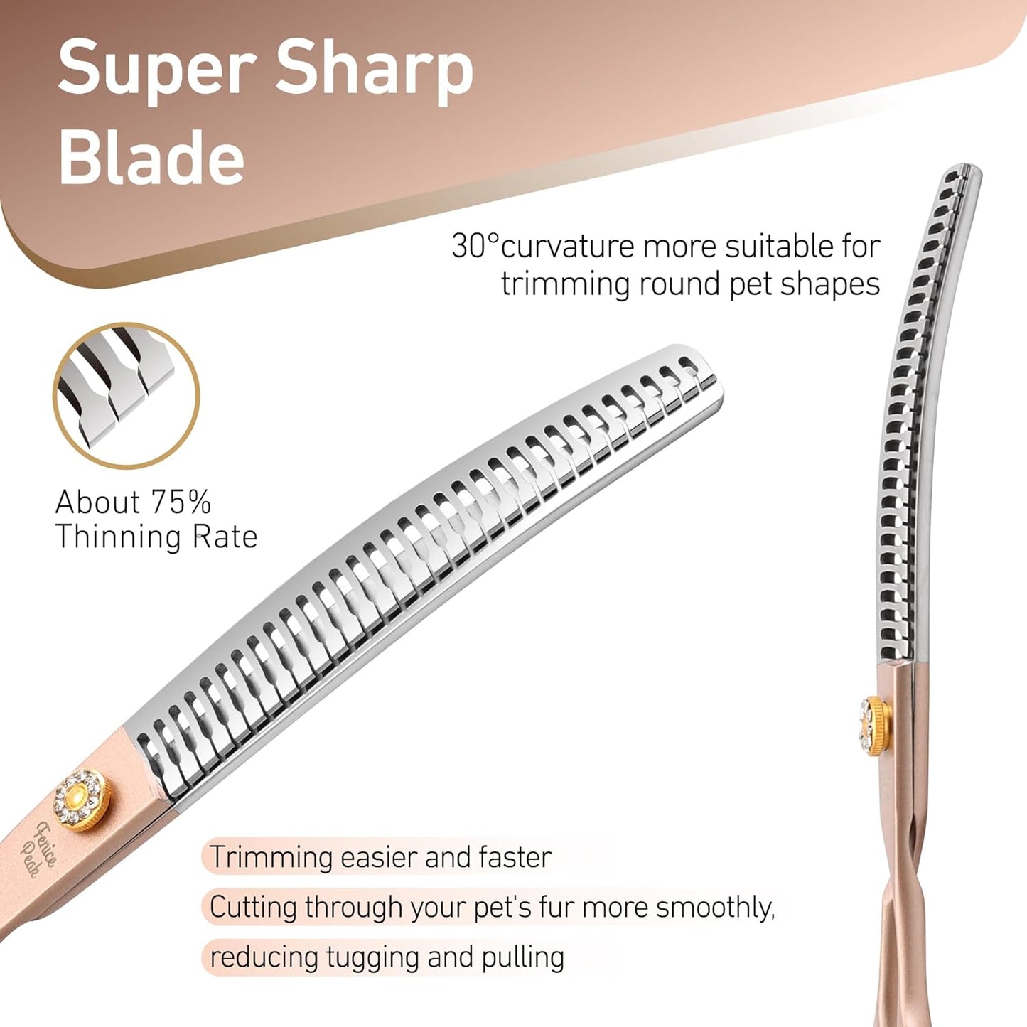 Fenice Peak Professional Curved Chunker Dog Grooming Scissors 7.0'' Rose Gold Thinning Shears Extremely Sharp Blades 440C Stainless Steel Thinning Shears Durable Smooth Fine Cut for Dogs and Cats.