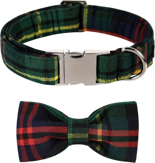 Lionet Paws Christmas Dog Collar with Bowtie Durable Adjustable Handmade Comfortable Bow Tie Dog Collar Cat Collar Green with Metal Buckle for XS Dogs Cats,Girl Boy,Festival,Holiday Style,Neck 8-12in
