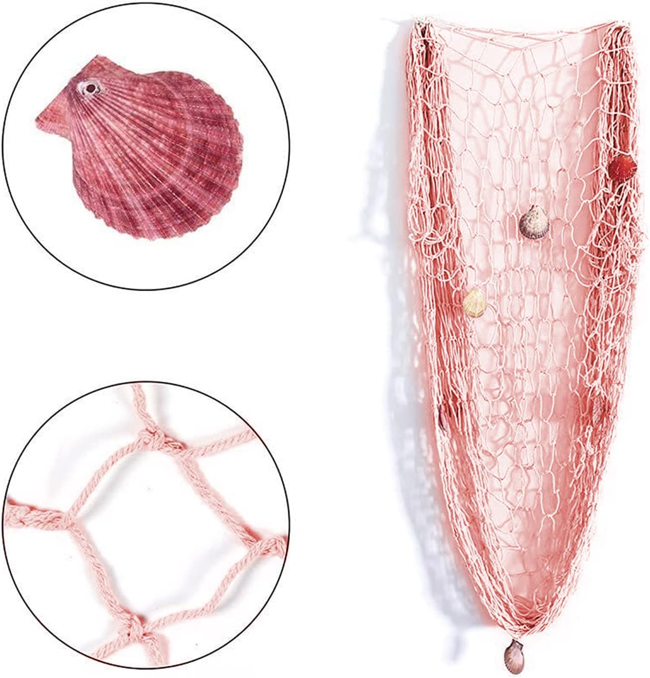 Nature Fish Net Wall Decoration with Shells, Ocean Themed Wall Hangings Fishing Net Party Decor for Pirate Party,Wedding,Photographing Decoration (Pink)