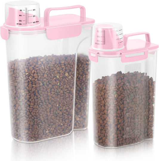 Dog Food Storage Container, Upgraded Large Nozzle BPA-free, 8-12 LBS Plastic Pet Food Storage Containers, With 4 Sealed Clasps, 1 Measuring Cup and Handle (2, Light Pink (3L+5L), (3L+5L))