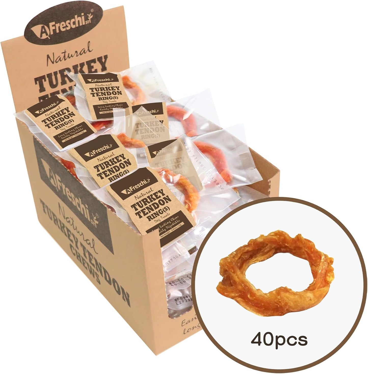 AFreschi Turkey Tendons for Dogs, USA-Sourced, Healthy Dog Treats, Rawhide-Free Puppy Chews, Long Lasting, All Natural, Hypoallergenic Dog Treats for Small Breeds, 40 Count Box Ring (S)