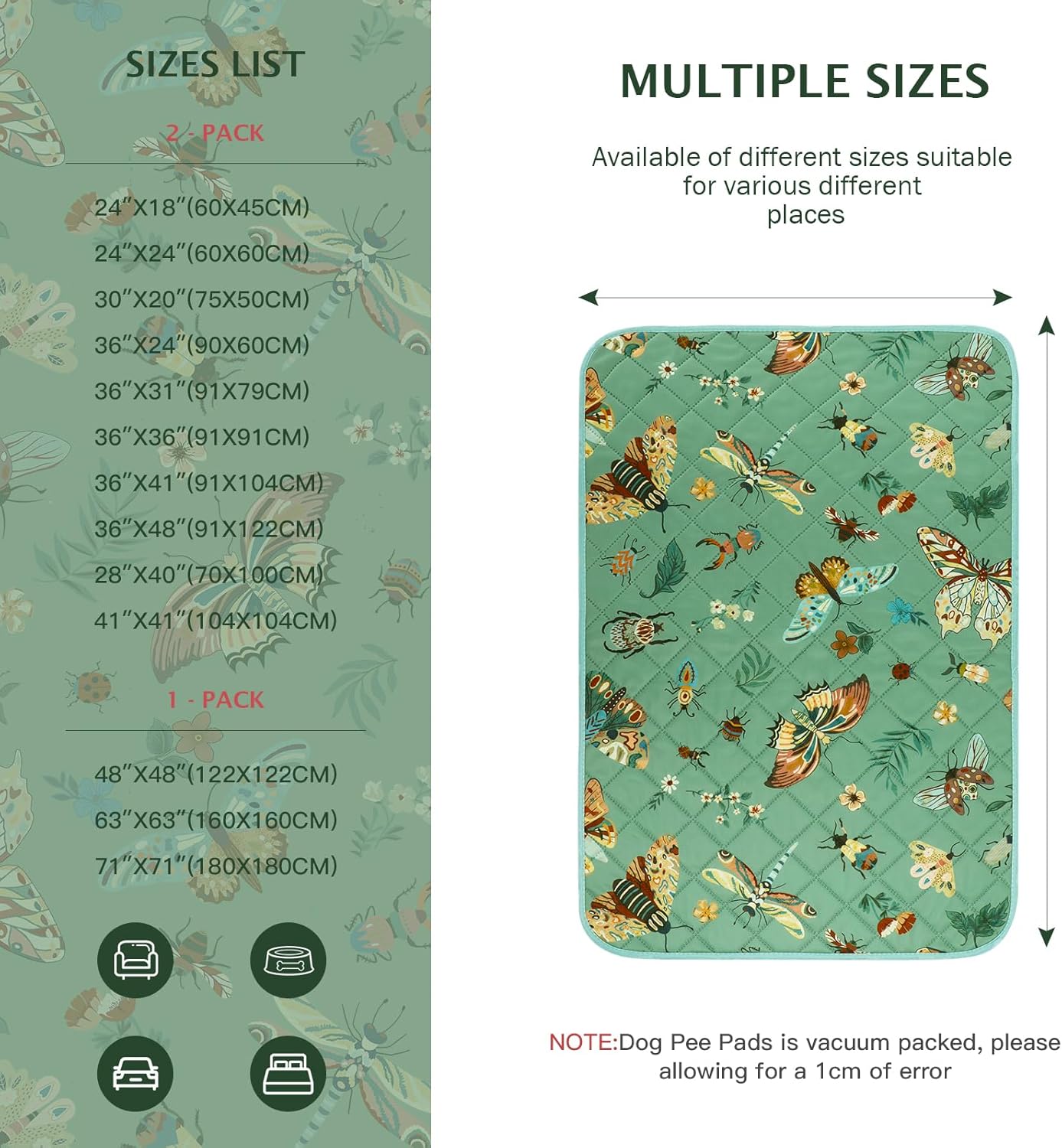 IEUUMLER Washable Pee Pads for Dogs, 2 Pack Insect Pattern Reusable Waterproof Puppy Potty Pads, Non-Slip Absorbent Pet Training Pads for Playpen Crate Bed EU014