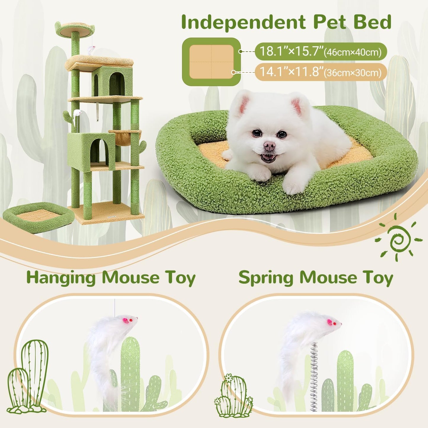 Globlazer Heavy Duty Cactus Cat Tree for Large Cats, Sturdy 72in Maine Coon Cat Tree for Large Cats 20 lbs+ Cactus Cat Tower for Adult Biggest Cats with 6 Scratching Posts, Hammock, S72, Green