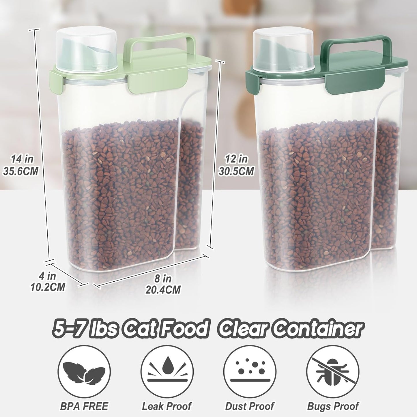 Dog Food Storage Container, Upgraded Large Nozzle BPA-free, 8-12 LBS Plastic Pet Food Storage Containers, With 4 Sealed Clasps, 1 Measuring Cup and Handle (2, Green+Dark Green, 5L)