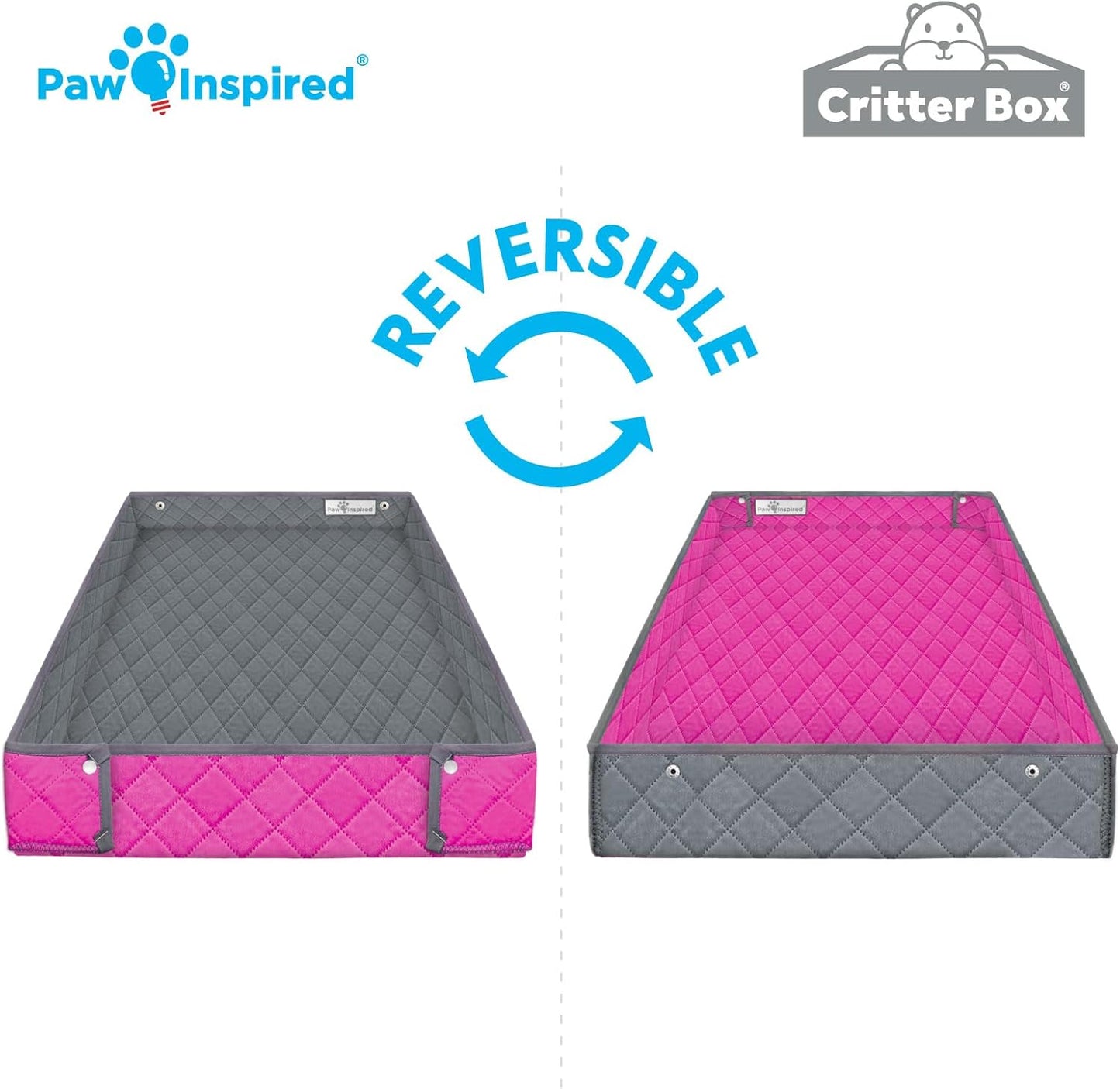 Paw Inspired Critter Box Washable Cage Liner, Reversible Fleece Bedding with Raised Sides for Ferrets, Guinea Pigs, Rats, Chinchillas, and Other Small Animals (Critter Nation/Ferret Nation, Gray/Pink)