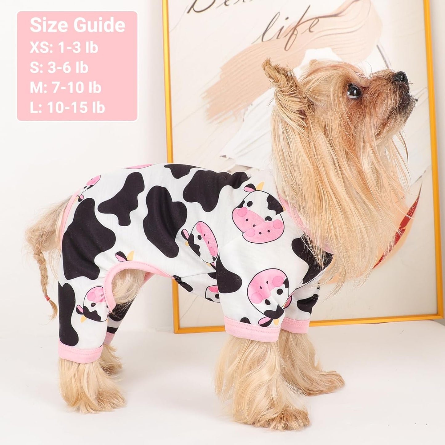 Dog Pajamas Small Sized Dogs Stretchable Summer Dog Clothes Pjs 4 Legs Girl Boy Cute Soft Puppy Outfits Doggie Cat Jammies Jumpsuit Sleeper for Pet, Pink Cow, M