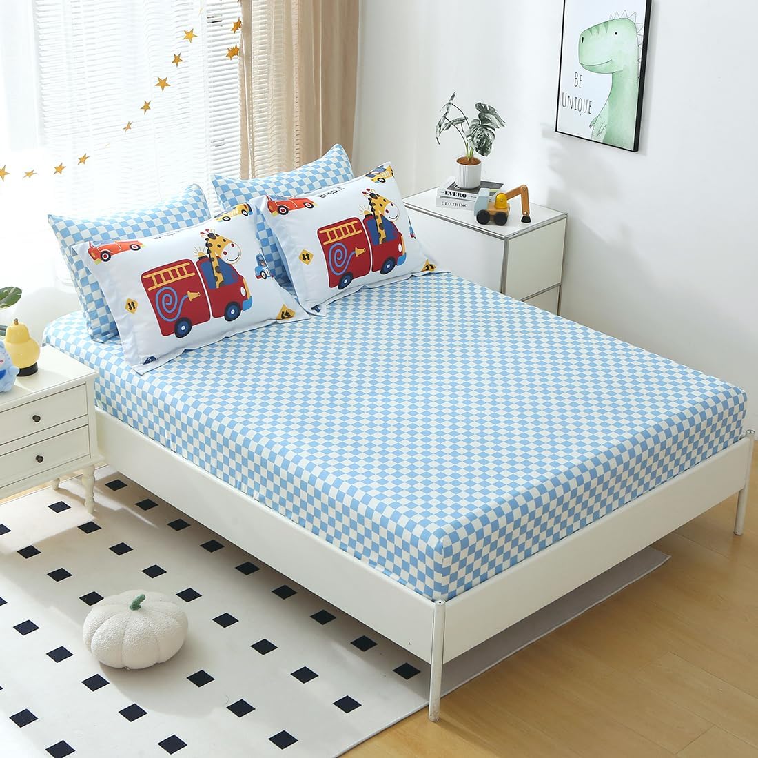 Kids Cars Animal Comforter Set Full Size for Boys Girls Teens 7 Piece Cartoon Construction Fire Truck Excavator Police Ambulance Lion Cat Dog Elephant Bedding Set Bed in A Bag,Colourful