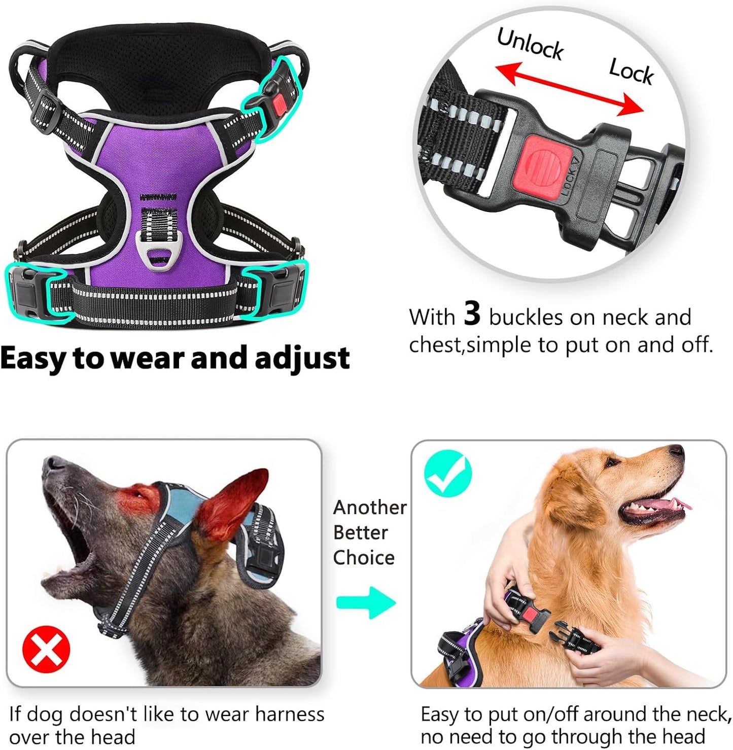 Timos Dog Harness Large Sized, No Pull with Neck Lockable Snap,No Choke Front Clip Dog Reflective Harness,Adjustable Metal Rings 3 Buckles,Easy Control Handle for Large Dogs Purple XL