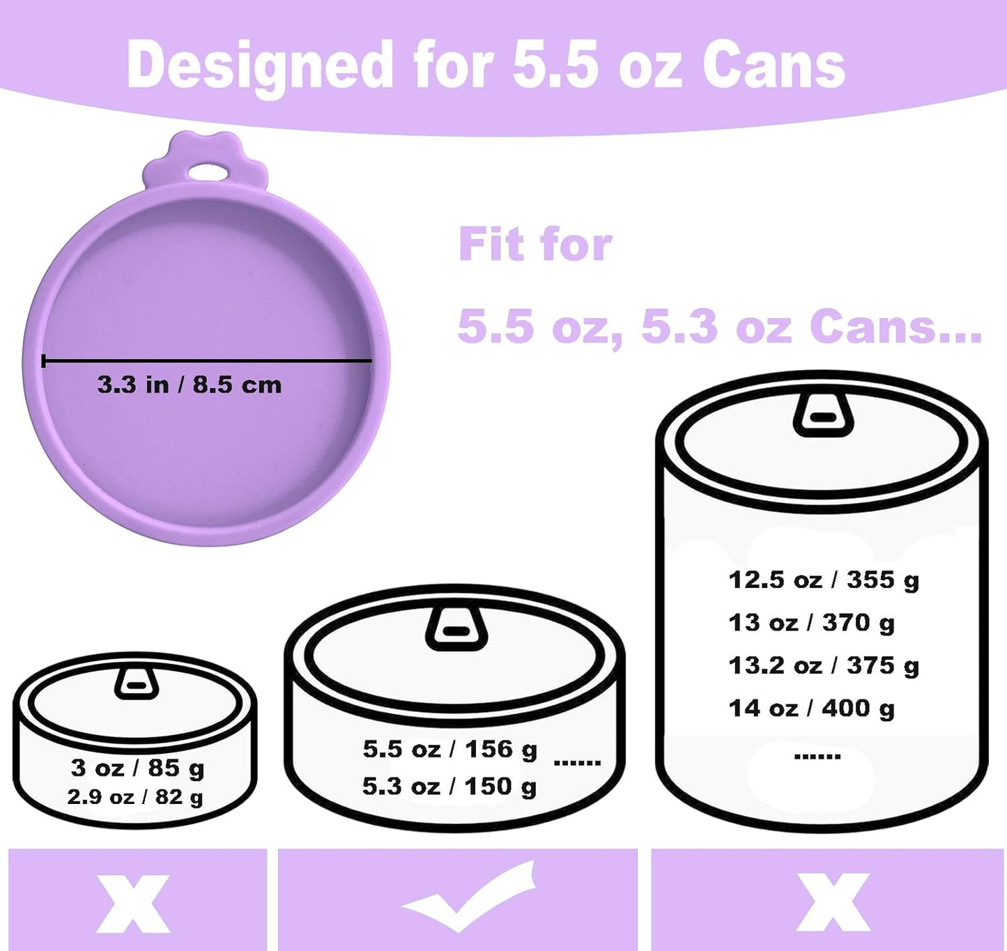 Comtim Cat Food Can Covers Lids for 5.5 oz Cans, 2 Pack Silicone Cat Food Can Lids for 5.5 oz 5.3 oz Cans...Pet Food Can Covers Reusable Can Toppers Savers for Wet Food (Lilac purple)