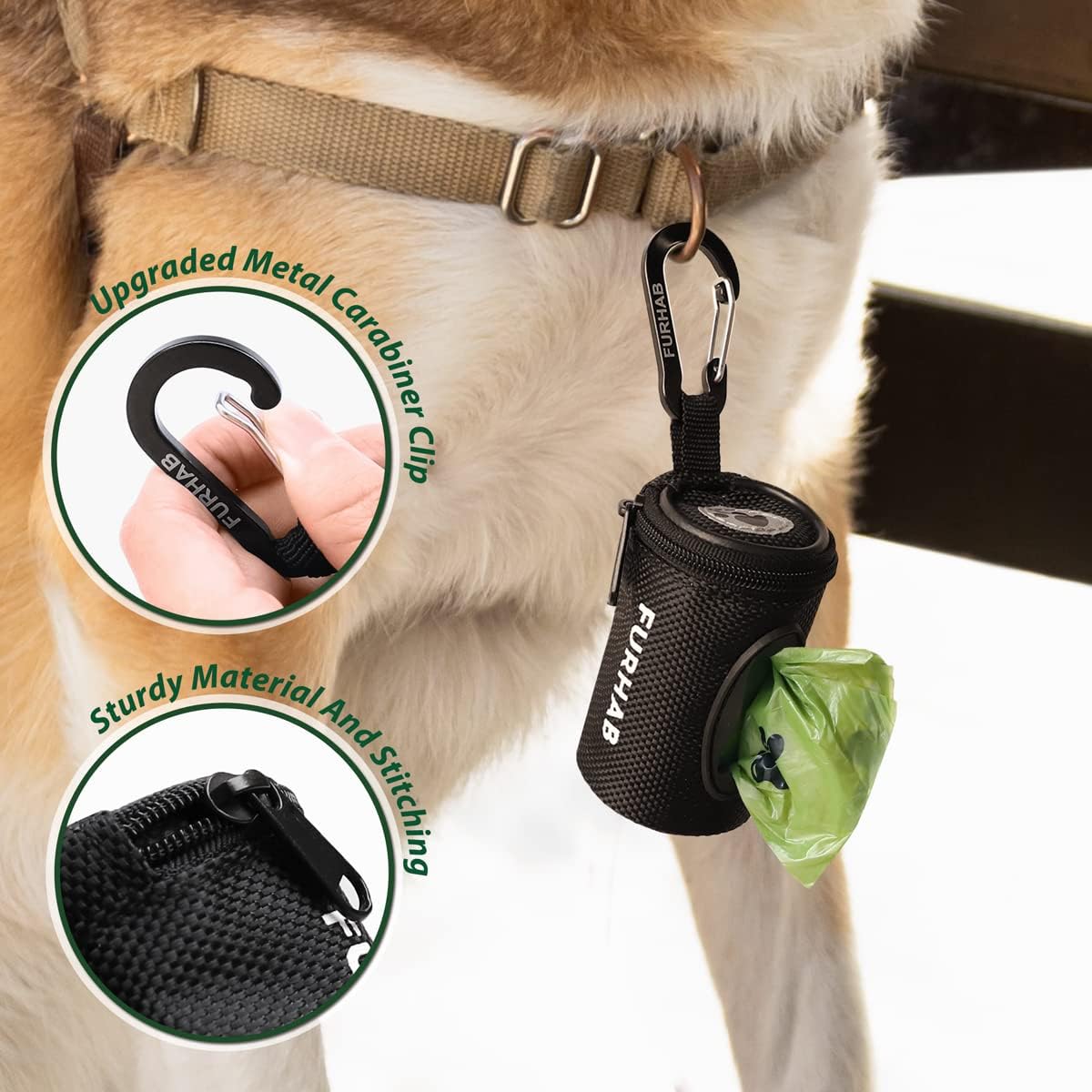 Dog Poop Bag Holder for Leash Doggie Waste Bag Dispenser Soft Fabric Puppy Potty Carrier Small Doggy Zipper Pouch with Carabiner Clip with 1 Roll of Pet Trash Bags, Black