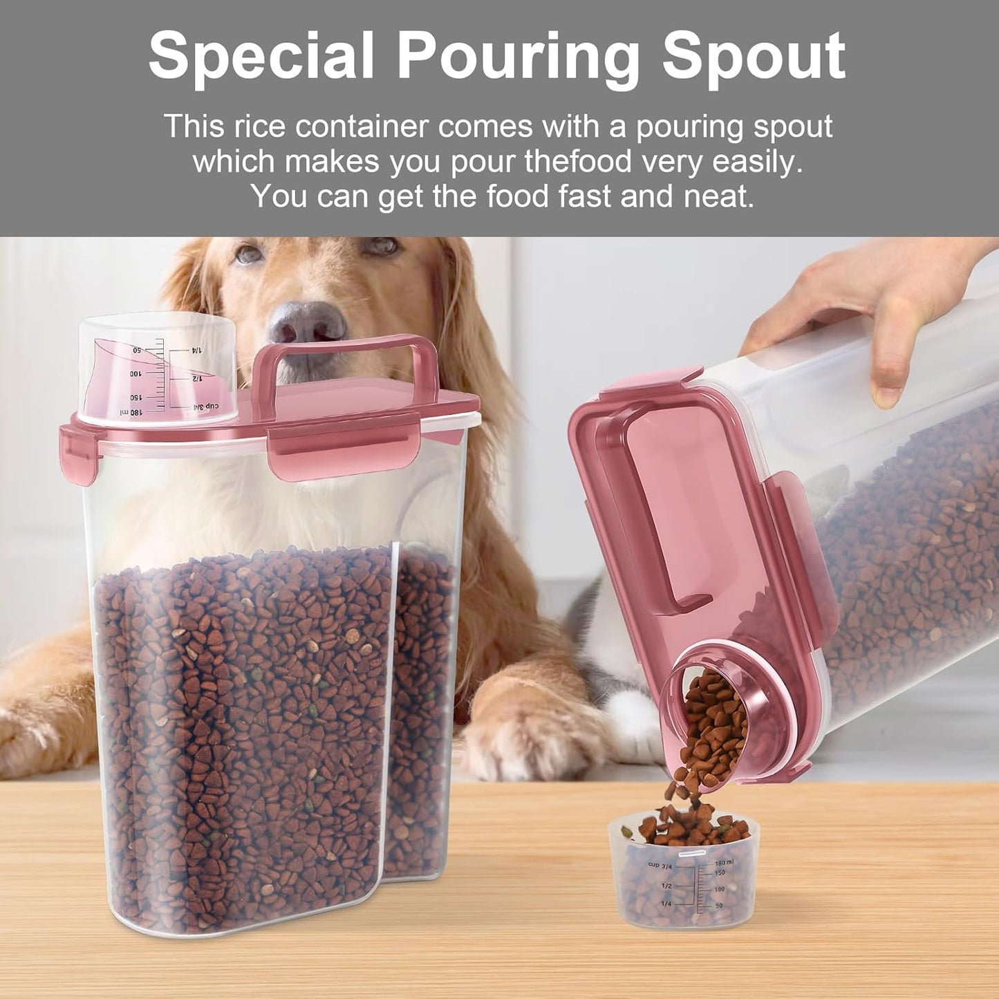 5-7Lbs Cat Dog Storage Container, Portable Pet Food Containers with Upgraded Large Spout and Cup, Small Animal Kibble Dispenser for Bird Seed, Oatmeal, Rice, Flour (2, Claer(Pink+Grey), 5L)