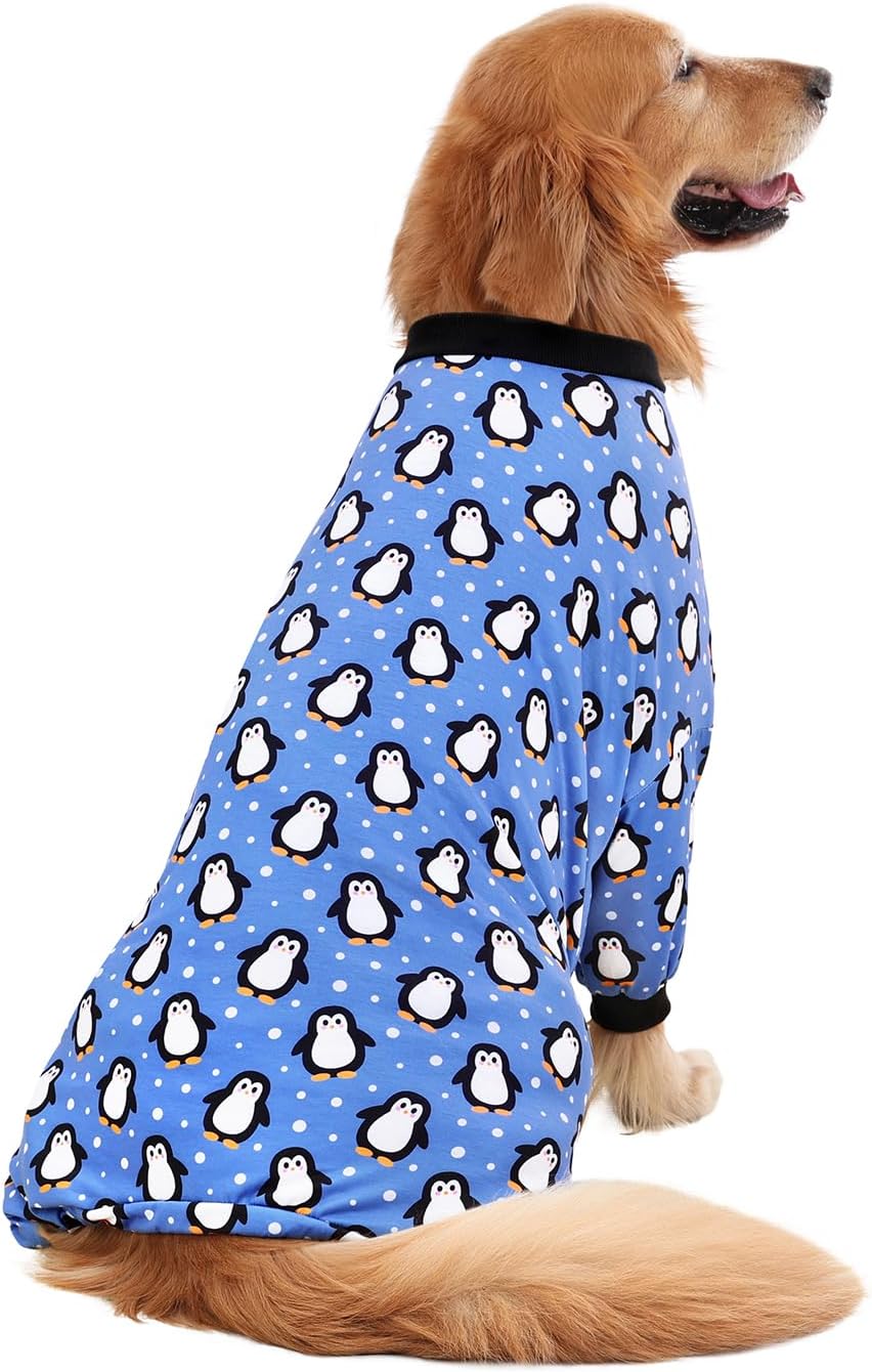 HDE Dog Pajamas One Piece Jammies Jumpsuit Pet Clothes Outfit Stretchy Lightweight Comfy Shirt Pjs for M-3XL Dogs Penguin Polka Dots - L