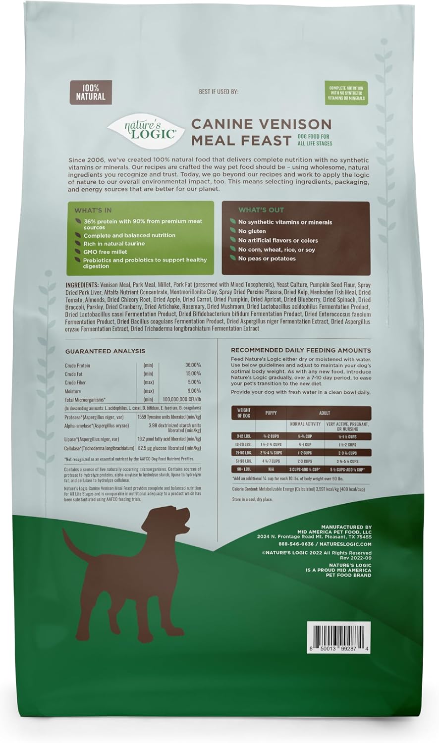 NATURE'S LOGIC Dry Dog Food - 100% Natural - No Synthetics - for All Ages, Sizes, Breeds - Free from Common Allergens, High Protein - Venison Meal Feast, 25lbs