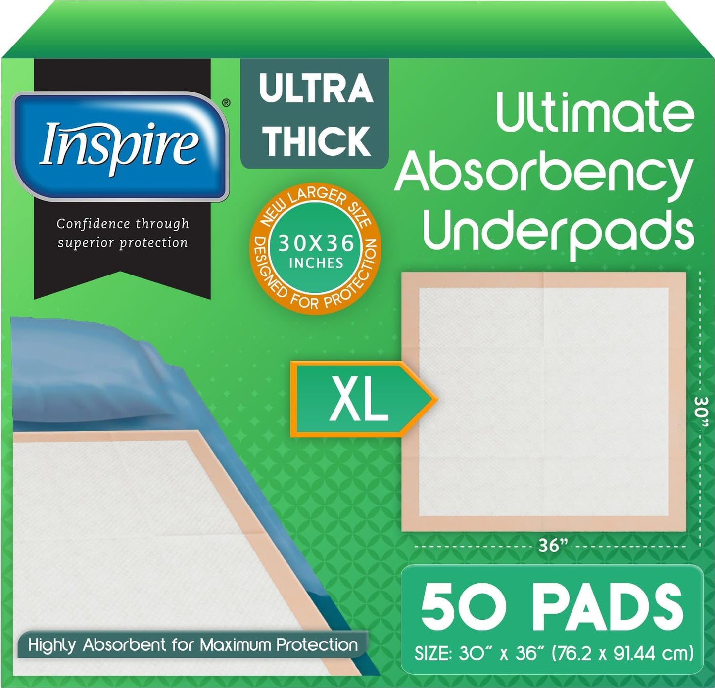 Inspire Extra Large Super Absorbent Disposable Bed Pads for Incontinence Ultra Thick and Absorbent Bed Pads Disposable Adult | Puppy Pads | Pee Pads for Adults (30" X 36" Pack of 50)