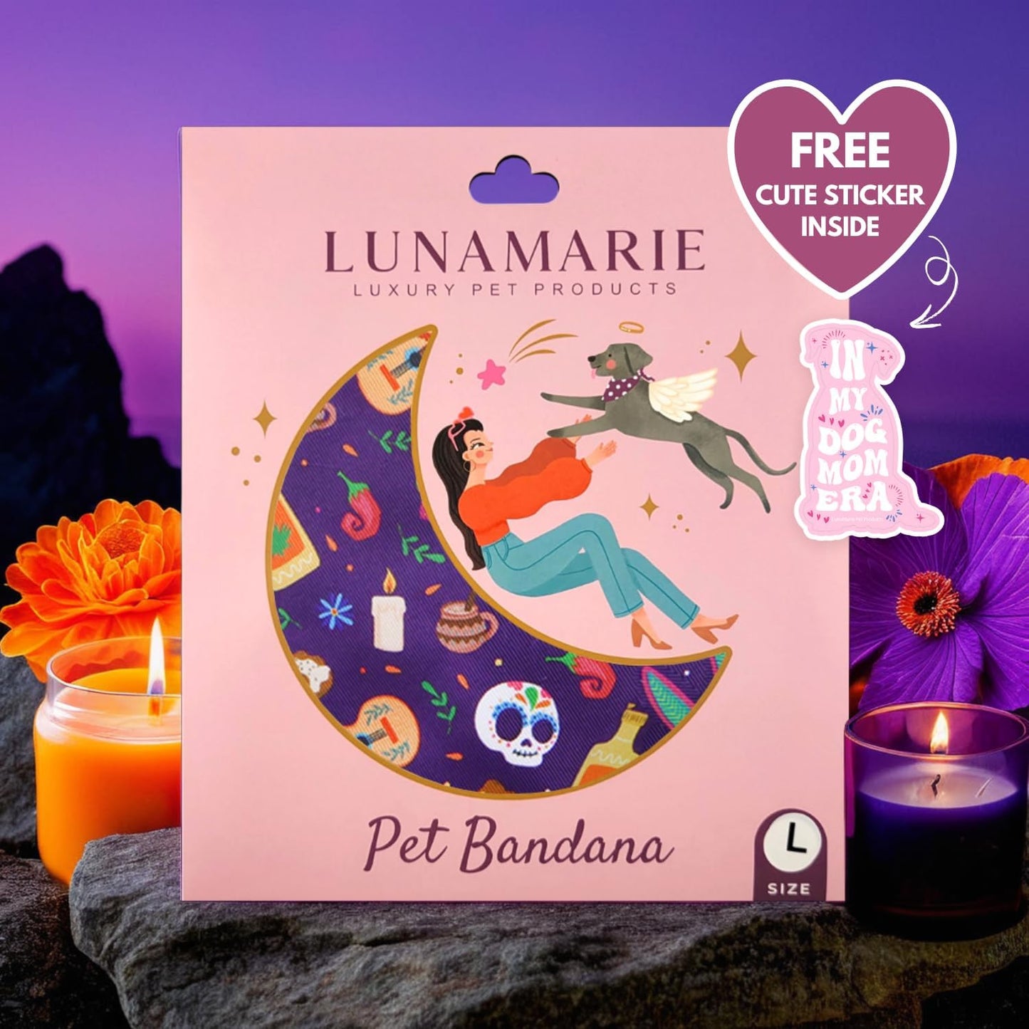 LunaMarie - Luxury Dog Bandanas - Dia De Los Muertos Design | Premium & Silky Poly Fabric | 100% Handmade | Custom Shape Dual Layered Reversible Small, Medium, Large Cat Scarf (Day Of The Dead, Small)