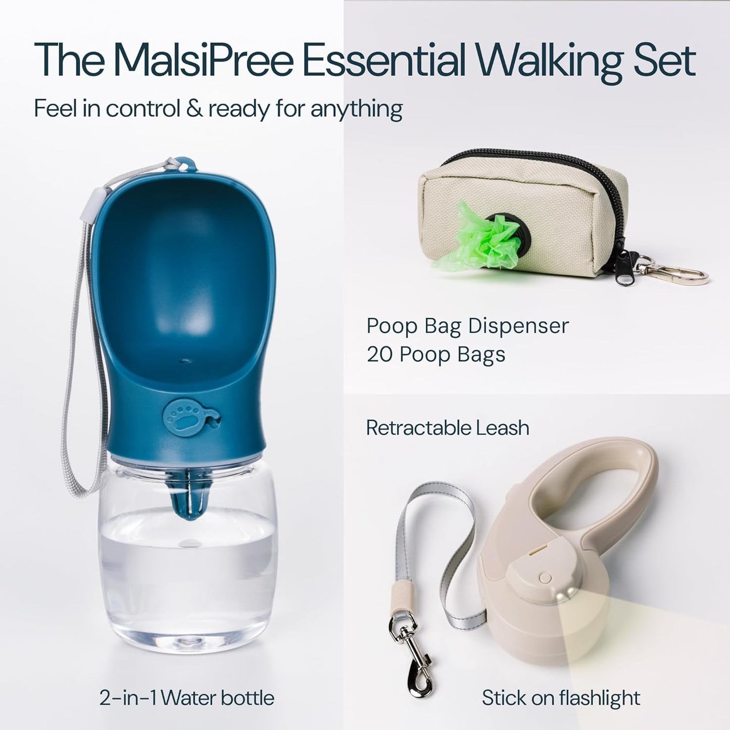 MalsiPree Walking Set with Retractable Dog Leash, Poop Bag Holder, Leak Proof 12 Oz Dog Water Bottle, Flashlight & 20 Poop Bags - 9.8ft Leash Retractable for Small to Medium Pet (Sand & Teal, 12 Oz)