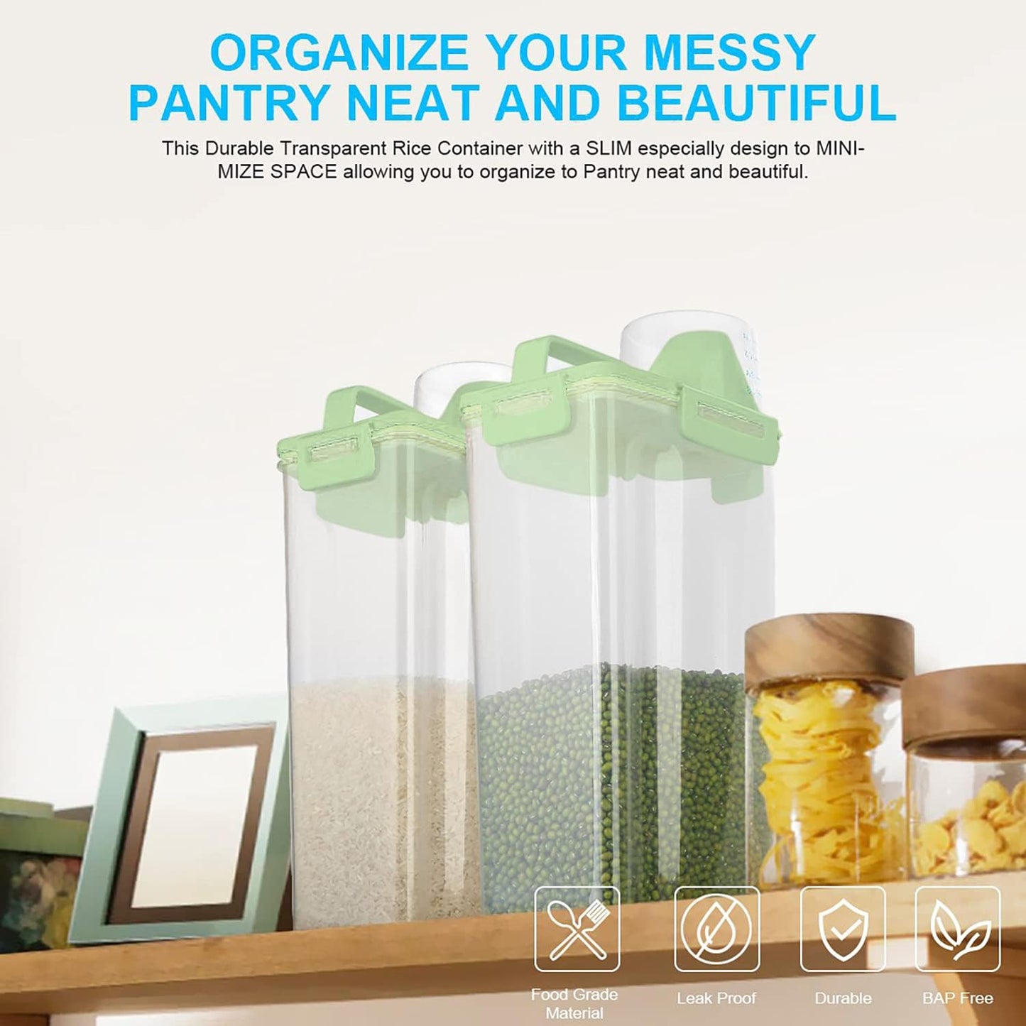 Rice Airtight Dry Food Storage Containers, BPA Free Plastic Storage Bin Dispenser with Pourable Spout, Measuring cup for Cereal, Flour and Baking Supplies, Include a Stainless Steel Whisk