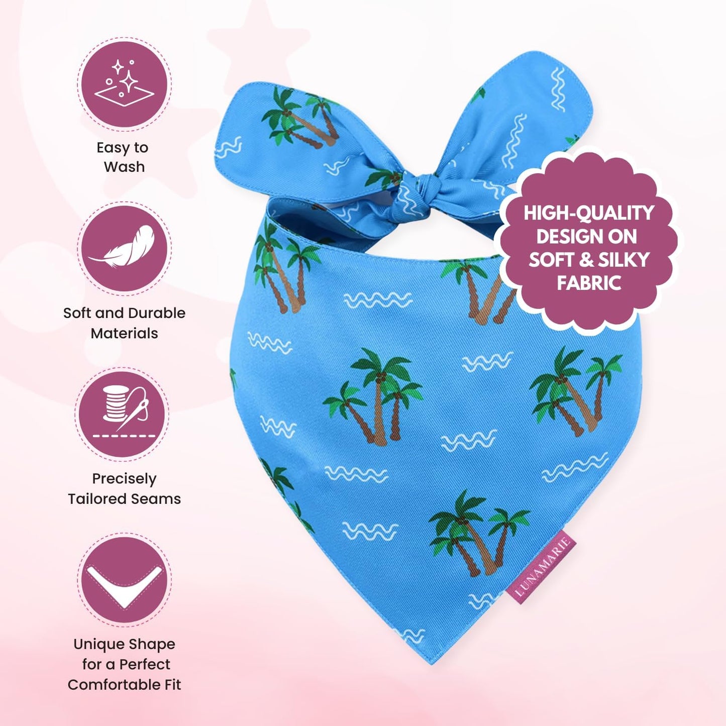 LunaMarie - Luxury Pet Birthday Bandanas -Premium & Silky Poly Fabric | 100% Handmade | Custom Shape Dual Layered (Playa Azul, Medium)