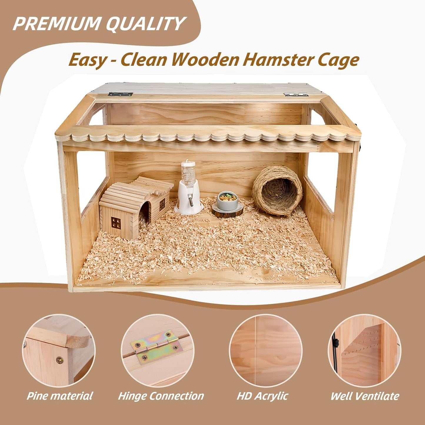 Wooden Hamster Cage, 24" Lx16 Wx16 H,Guinea Pig Cage, Small Animal Cage for Dwarf Syrian Hamsters Degus Mice & Other Small Pets. Hamster Habitat with Openable Top and Large Acrylic Sheets