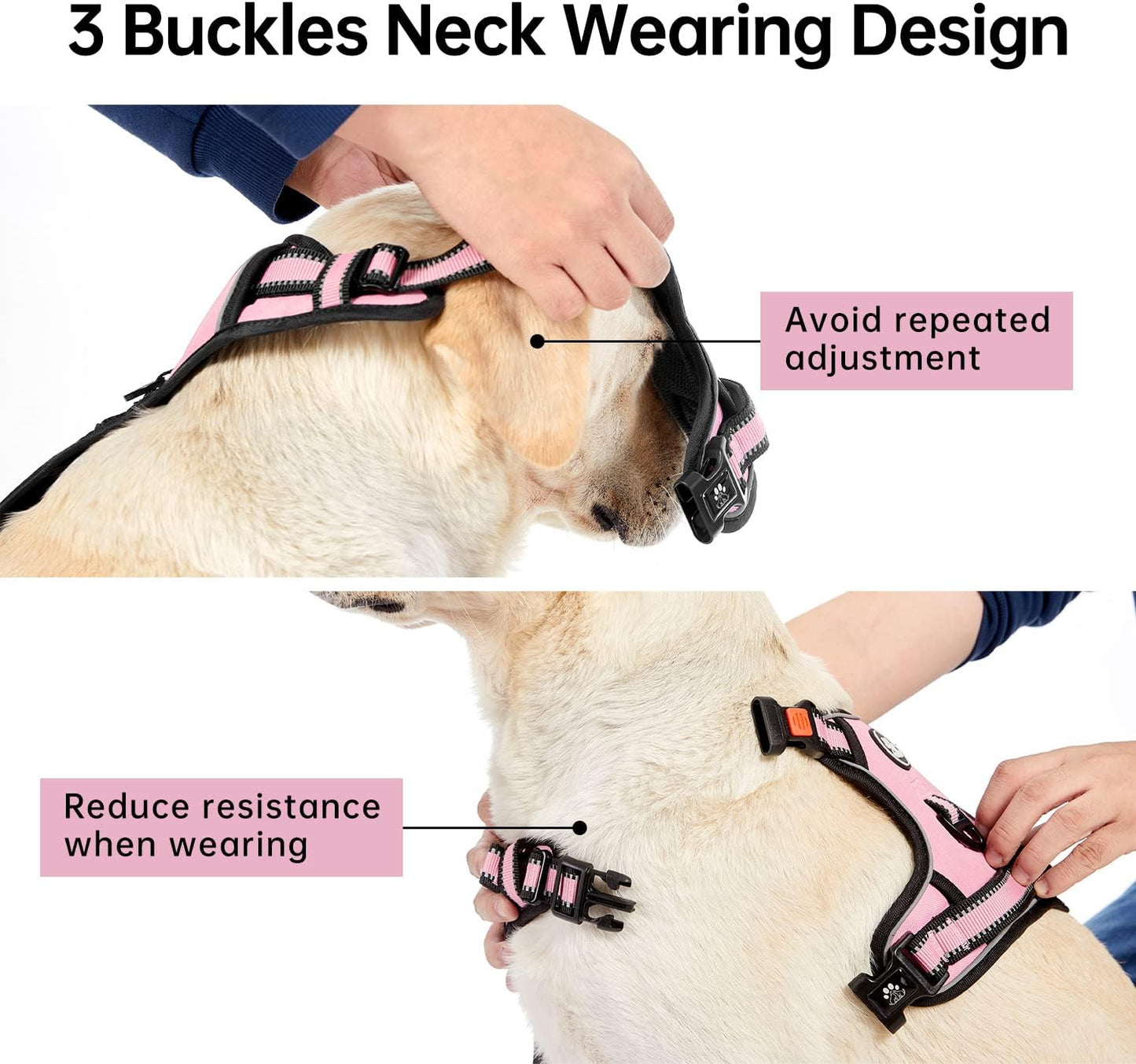 IVY&LANE No Pull Dog Harness for Large Dogs, Reflective Dog Vest Harness with Leash, Safety Belt and Storage Strap, Fully Adjustable Harness with Soft Handle (Pink, L)