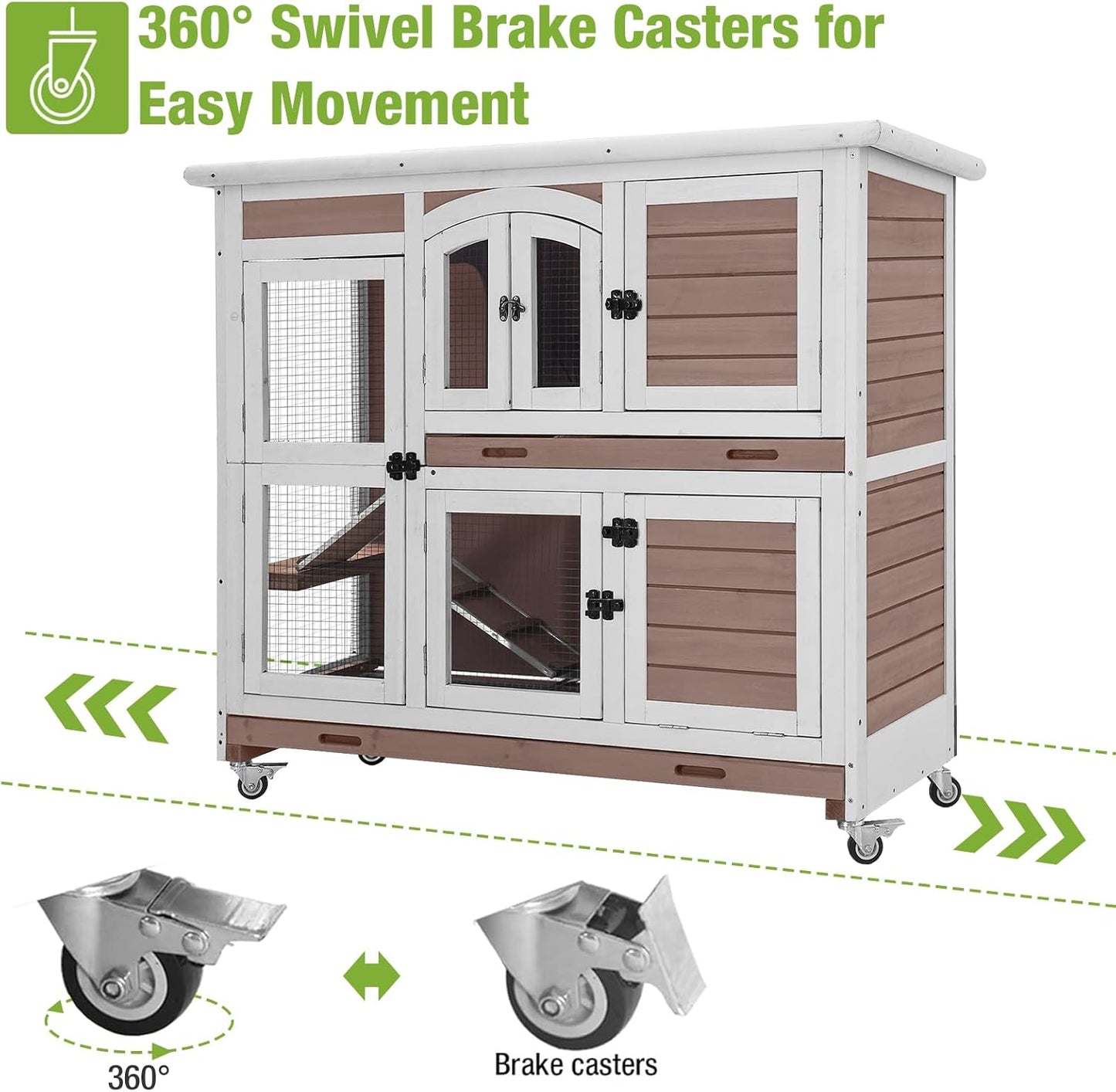GUTINNEEN Large Rabbit Hutch Wooden Bunny Cage Indoor with Chew-Proof Ramp, 2-Story Guinea Pig Cages with Casters, Pull-Out Trays for Rabbits, Guinea Pigs, 47.2" L x 19.7" W x 42.1" H