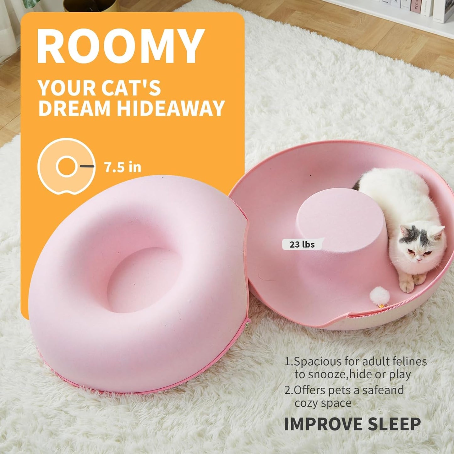 Jia Xi Cat Tunnel Bed & Hideout - Large Indoor Cat Condo & Cave (24 inch, Pink)